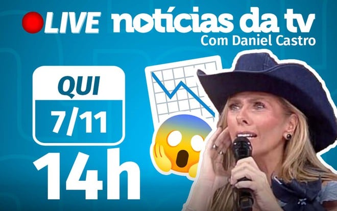 Fotomontagem com Adriane Galisteu, um emoji exprimindo choque e um emoji de gráfico de linhas em declínio; também é possível ver os dizeres "Live Notícias da TV com Daniel Castro", a data da live (7/11) e o horário (14h)