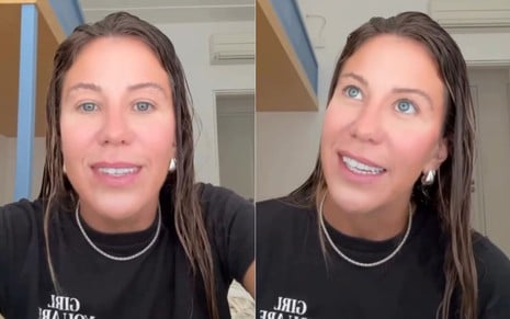 Dois frames de vídeo publicado por Bárbara Coelho no Instagram; ela aparece com camiseta preta e cabelo molhado