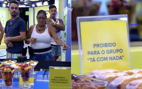 Montagem com duas fotos do BBB 25: na primeira, pessoas observam mesa repleta de guloseimas; na segunda, uma placa com a mensagem "proibido para o grupo Tá com Nada"