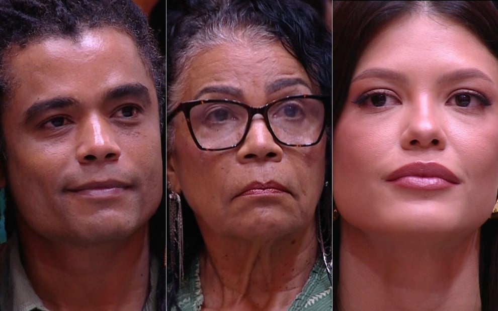 Montagem de fotos com Diogo, Vilma e Vitória, que estão na disputa por quem sai no 6º paredão do BBB 25