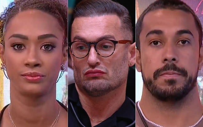 Montagem de fotos com Aline, Diego e Maike, que estão na votação da enquete BBB 25 do décimo paredão