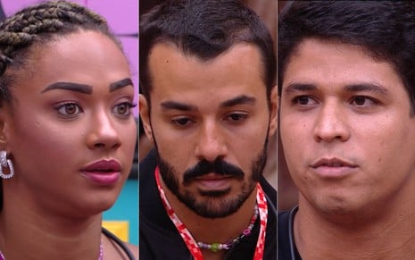 Montagem de fotos com Aline Patriarca, Mateus Pires e Guilherme, que estão no quinto paredão do BBB 25