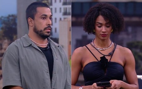 Montagem com fotos de Maike Cruz e Aline Patriarca no Sincerão do BBB 25; ele está desconfortável, ela está triste