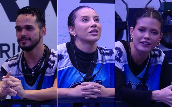 Montagem com João Pedro à esquerda, Renata no centro e Vitória Strada à direita no BBB 25