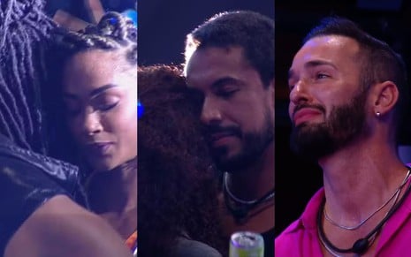 Montagem com uma foto de Diogo Almeida dançando com Aline Patriarca; outra de Giovanna Jacobina agarrada a Maike Cruz; e uma terceira de Diego Hypolito aos prantos em show