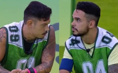 Gabriel Yoshimoto e João Gabriel Siqueira estão sentados lado a lado no gramado do BBB 25