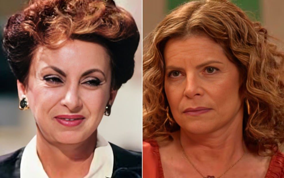 Beatriz Segall como Odete Roitman em Vale Tudo à direita e Debora Bloch como Deodora em No Rancho Fundo à esquerda