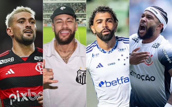 Montagem de fotos com Arrascaeta (Flamengo), Neymar (Santos), Gabigol (Cruzeiro) e Memphis Depay (Corinthians)