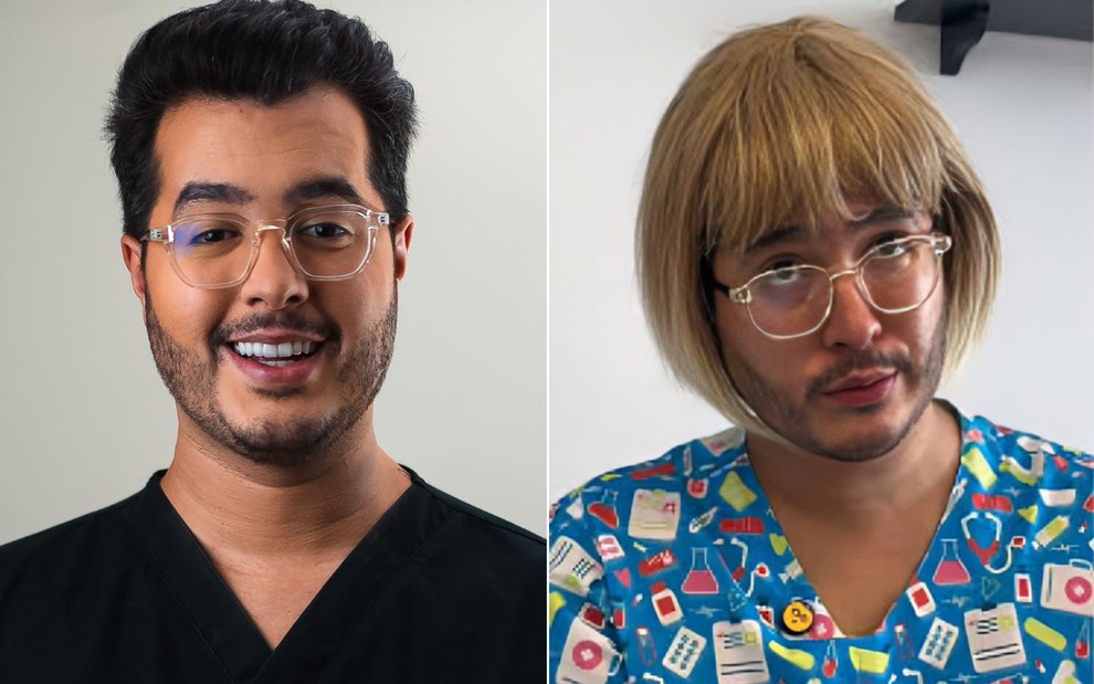 Montagem lado a lado mostra um homem com barba rala e óculos; à direita, ele aparece com peruca loira e jaleco estampado.