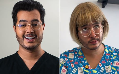 Montagem lado a lado mostra um homem com barba rala e óculos; à direita, ele aparece com peruca loira e jaleco estampado.