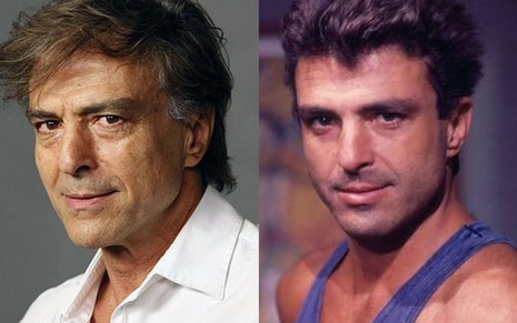Na montagem estão duas fotos de Carlos Alberto Ricelli: uma atual (à esquerda), e outra na novela Vale Tudo, em 1988 (à direita)