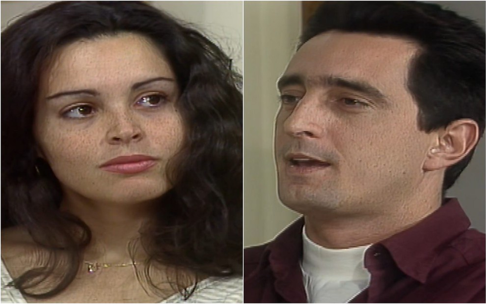 Montagem com fotos dos atores Suzy Rêgo e Eduardo Galvão em cenas de A Viagem, sérios