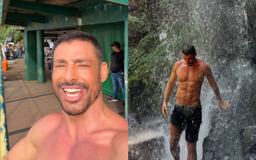 Montagem com duas fotos de Cauã Reymond: em uma, ele está em uma das passarelas que dão acesso às cataratas, descamisado e sorridente. O ângulo permite vê-lo apenas do pescoço para cima. No outro, de corpo inteiro, o artista toma banho numa queda d'água