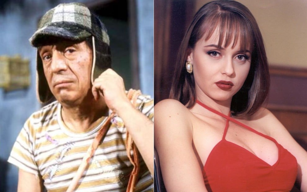 Montagem de fotos com Chaves (Roberto Gómez Bolaños) e Paola Bracho (Gabriela Spanic), que passam no SBT