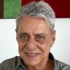 Chico Buarque sorridente, em fundo branco, com um quadro verde e vermelho atrás; ele usa camisa cinza