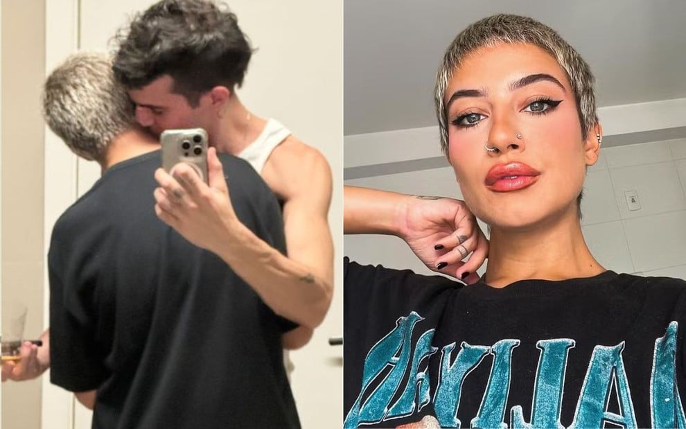 Montagem com Fiuk e Clau abraçados, ela de costas enquanto ele beija seu pescoço, e foto da cantora posando para selfie