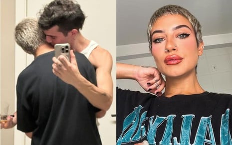 Montagem com Fiuk e Clau abraçados, ela de costas enquanto ele beija seu pescoço, e foto da cantora posando para selfie