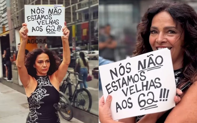 Montagem com dois momentos de Claudia Ohana segurando uma placa escrita 'Nós não estamos velhas aos 62'