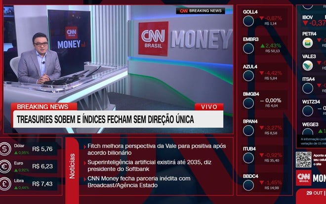 O jornalista Fernando Nakagawa em imagem que mostra como será a tela do CNN Money; ele divide espaço com informações sobre moedas e ações na B3