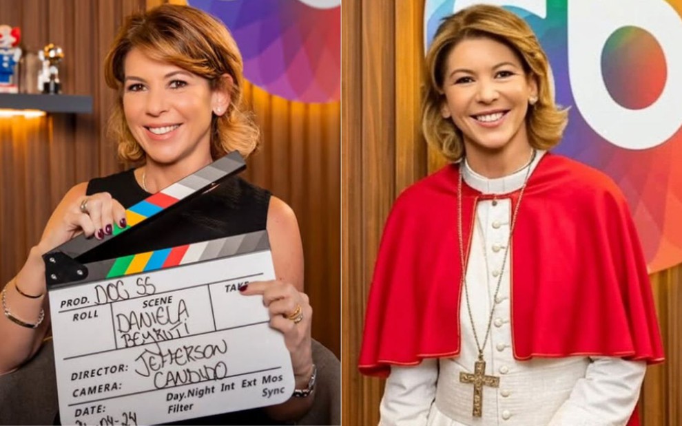 Montagem com duas imagens de Daniela Beyruti; à esquerda, ela segura uma claquete em frente ao símbolo do SBT, à direita, uma montagem dela vestida de papa
