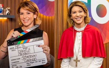 Montagem com duas imagens de Daniela Beyruti; à esquerda, ela segura uma claquete em frente ao símbolo do SBT, à direita, uma montagem dela vestida de papa