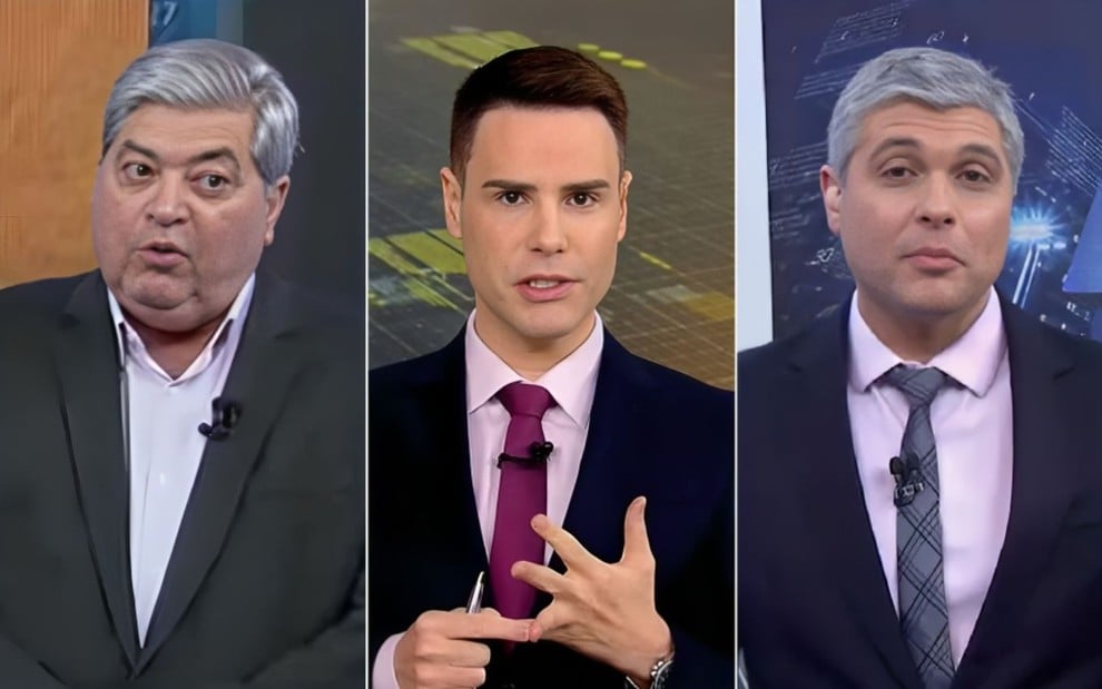 Montagem com José Luiz Datena no Tá na Hora à esquerda, Luiz Bacci no Cidade Alerta no centro e Joel Datena no Brasil Urgente à direita