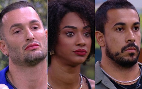 Montagem com Diego Hypolito, Aline Patriarca e Maike Cruz no Sincerão do BBB 25; os três estão com feições sérias