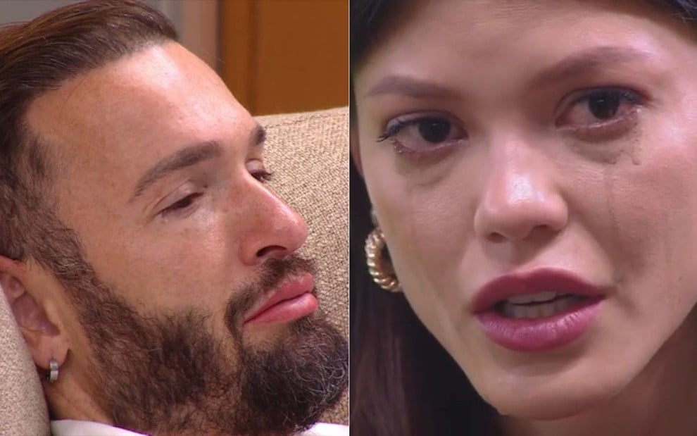 Montagem com Diego Hypolito e Vitória Strada, ambos estão chorando