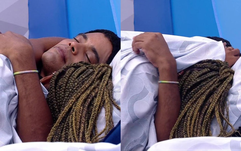 Diogo Almeida e Aline Patriarca estão abraçados debaixo do edredom no Big Brother Brasil 25