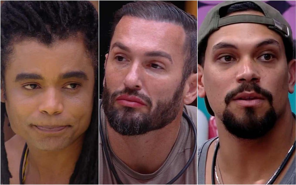 Montagem com Diogo Almeida à esquerda, Diego Hypolito no centro e Vinícius Nascimento à direita no BBB 25