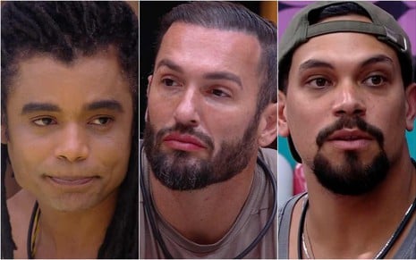 Montagem com Diogo Almeida à esquerda, Diego Hypolito no centro e Vinícius Nascimento à direita no BBB 25