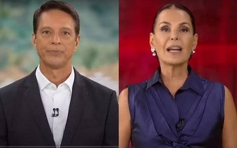 Dois apresentadores de telejornal lado a lado. O homem à esquerda veste terno escuro e está sobre fundo claro. A mulher à direita veste blusa azul e está sobre fundo vermelho. Ambos usam microfone de lapela.