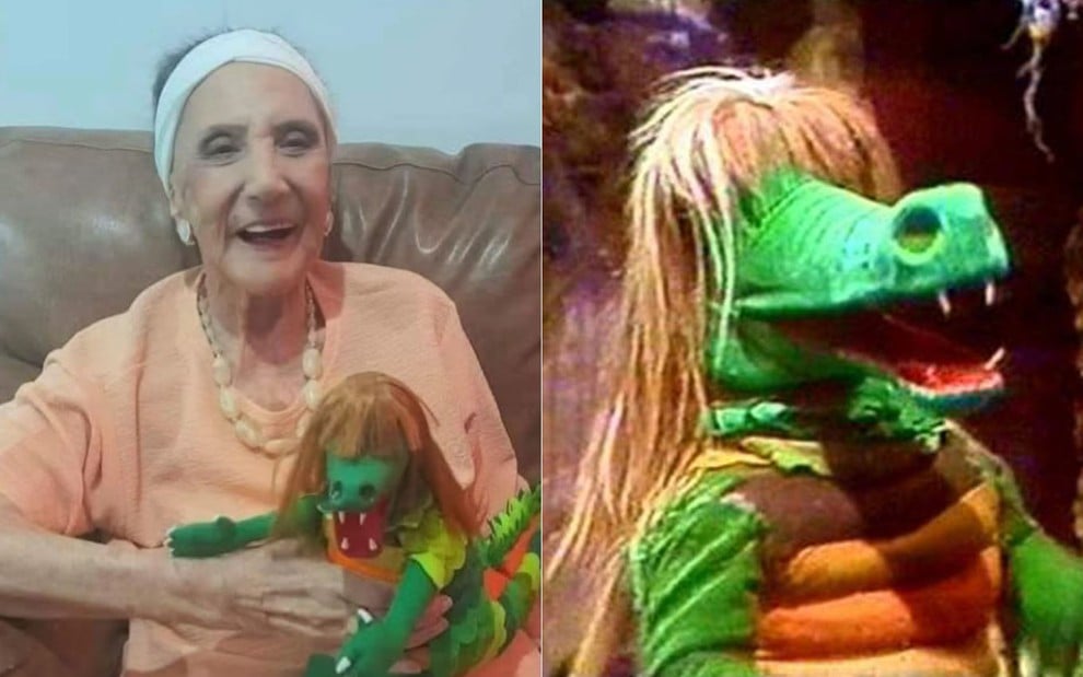Montagem com Dorinha Duval segurando um boneco da Cuca, e vestida como a Cuca, no Sítio do Picapau Amarelo (1977)