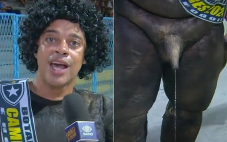 Montagem de homem dando entrevista e close em fantasia que simula partes íntimas de uma estátua na Band Folia