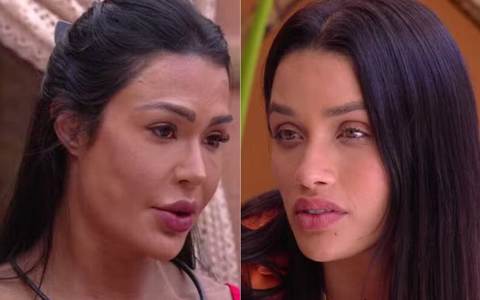 Montagem de fotos com Gracyanne Barbosa e Eva Pacheco, que estão na votação da enquete do 9º paredão do BBB 25