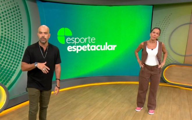 Lucas Gutierrez e Bárbara Coelho apresentando o Esporte Espetacular, da Globo