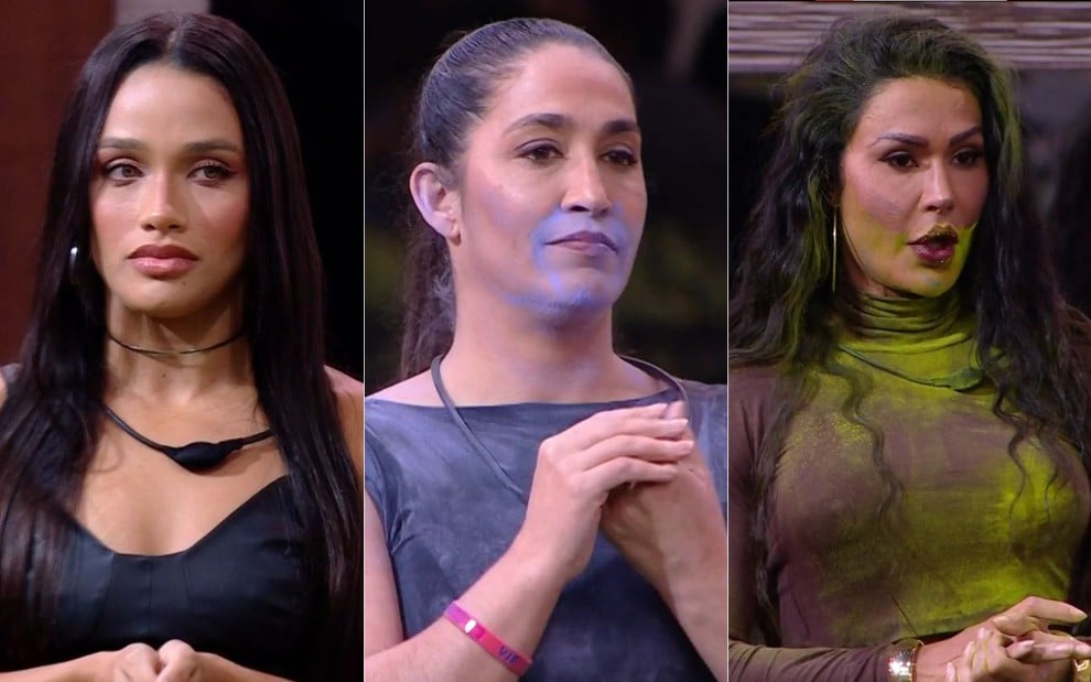 Montagem com Eva, Daniele e Gracyanne no Sincerão do BBB 25; Eva aparece de rosto limpo, enquanto Daniele está coberta por um pó roxo e Gracyanne por pó esverdeado