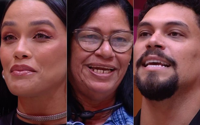 Montagem com fotos de Eva, Joselma e Vinícius na sala do BBB 25