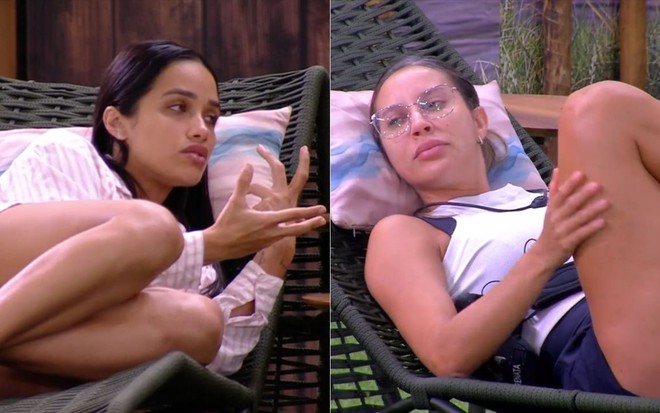 Montagem com imagens de Eva e Renata na área externa do BBB 25, sentadas em cadeiras de praia e olhando uma para a outra