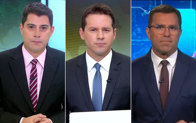 Montagem com Evaristo Costa à esquerda, Dony De Nuccio no centro e Rodrigo Bocardi à direita