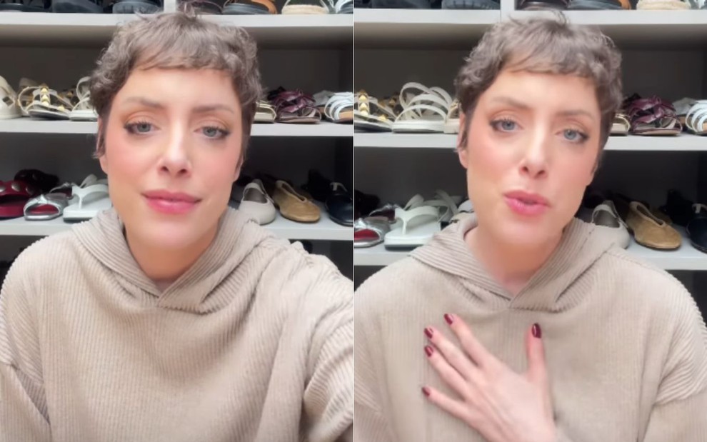 Fabiana Justus em vídeo no Instagram, sentada em seu closet usando moletom bege