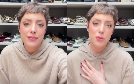 Fabiana Justus em vídeo no Instagram, sentada em seu closet usando moletom bege