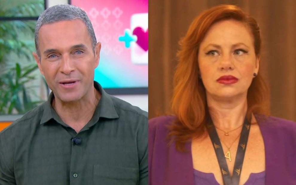 Na montagem: Fabrício Battaglini (à esquerda) e Karine Teles (à direita) no Mais Você, na Globo