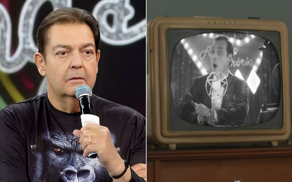 Montagem com Faustão à esquerda no Faustão da Band e Eduardo Sterblitch como Alfredo Honório em Garota do Momento à direita