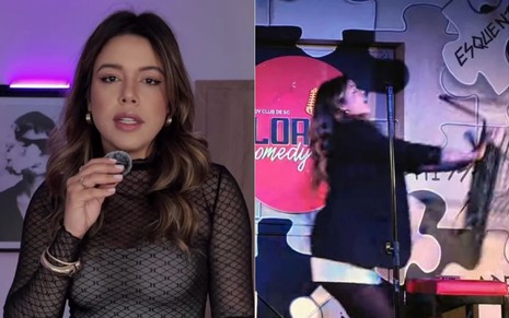 Montagem com fotos de Fernanda Arantes em vídeo do Instagram, segurando um microfone, e sendo atacada com cadeirada em show