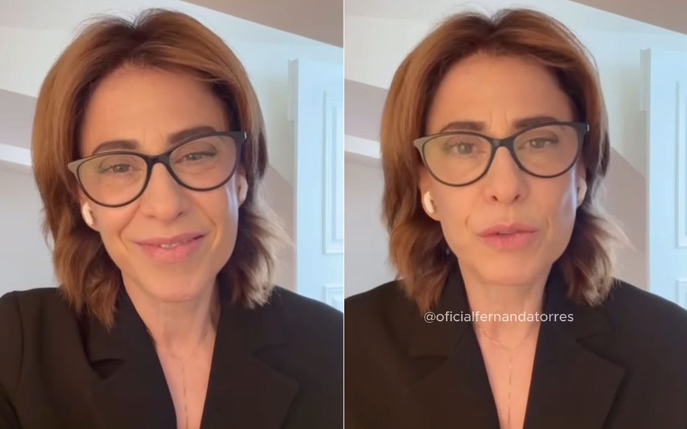 Montagem com dois frames de Fernanda Torres em vídeo do Instagram