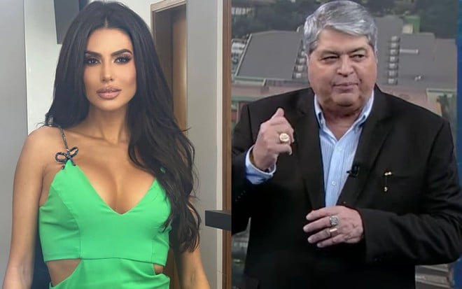 Flávia Noronha usa um vestido verde e está séria; José Luiz Datena, por sua vez, veste um terno durante apresentação do Tá na Hora