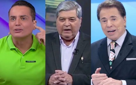 Montagem com Leo Dias à esquerda no Fofocalizando, Datena no Tá na Hora no centro e Silvio Santos no Programa Silvio Santos à direita