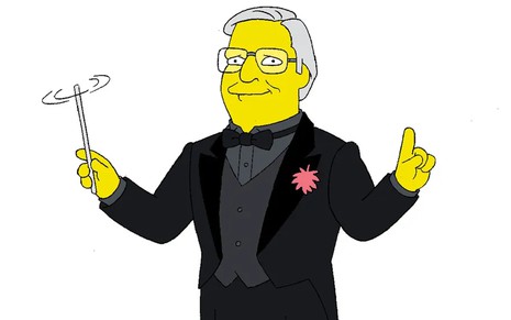 O desenho de homem amarelo, vestido com trajes de gala e uma batuta de maestro na mão