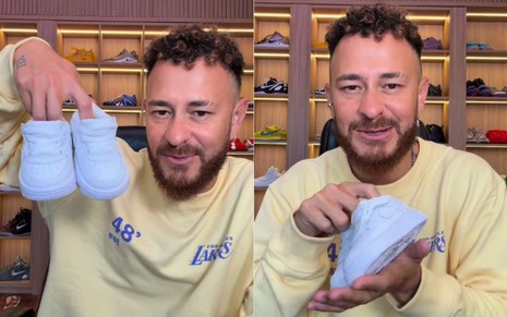 Montagem com Fred Bruno segurando um tênis de bebê